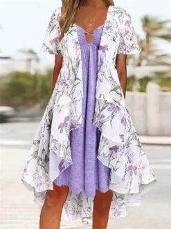 Women's Two Piece Dress Set Casual Dress Tiered Dress Daily Holiday Fashion Modern Pocket Print Midi Dress V Neck Short Sleeve Floral Regular Fit Purple Summer Spring S M L XL XXL