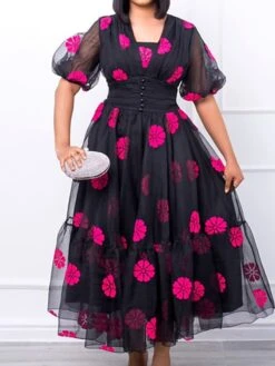 Women‘s Plus Size Curve Holiday Dress Floral V Neck Mesh Puff Sleeve Short Sleeve Fall Spring Prom Dress Maxi Long Dress Holiday Date Dress Print -HAYz Clothing Shop vmjxfb1659509646103