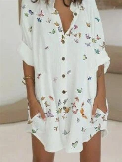 Women's Shirt Dress Casual Dress Shift Dress Mini Dress Daily Vacation Polyester Fashion Modern V Neck Button Pocket Half Sleeve Summer Spring Fall 2023 Loose Fit White Butterfly S M L XL 2XL -HAYz Clothing Shop vmmmph1677659632344
