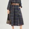 Women's Plus Size Curve Shirt Dress Casual Dress Swing Dress Plaid Midi Dress Long Sleeve Button Pocket Shirt Collar Fashion Outdoor Dark Blue Fall Winter L XL 2XL 3XL 4XL
