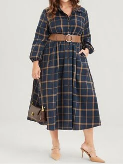 Women's Plus Size Curve Shirt Dress Casual Dress Swing Dress Plaid Midi Dress Long Sleeve Button Pocket Shirt Collar Fashion Outdoor Dark Blue Fall Winter L XL 2XL 3XL 4XL