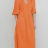 Women's Casual Dress Cotton Linen Dress Wrap Dress Midi Dress Cotton Basic Classic Outdoor Daily Vacation V Neck Lace Up Half Sleeve Spring Fall Autumn 2023 Regular Fit Orange Green Plain S M L