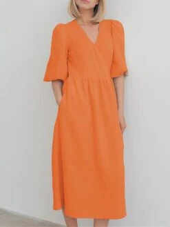Women's Casual Dress Cotton Linen Dress Wrap Dress Midi Dress Cotton Basic Classic Outdoor Daily Vacation V Neck Lace Up Half Sleeve Spring Fall Autumn 2023 Regular Fit Orange Green Plain S M L