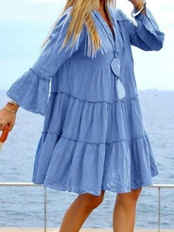 Women's Casual Dress Cotton Linen Dress Swing Dress Midi Dress Linen / Cotton Blend Fashion Modern Outdoor Daily Holiday V Neck Ruffle Long Sleeve Fall Winter Autumn 2023 Regular Fit Light Blue Black