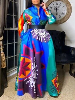 Women‘s Plus Size Curve Party Dress Swing Dress Graphic Long Dress Maxi Dress Long Sleeve Pocket Print Crew Neck Modern Party Blue Fall Spring L XL XXL 3XL 4XL -HAYz Clothing Shop vnevgy1672986053281