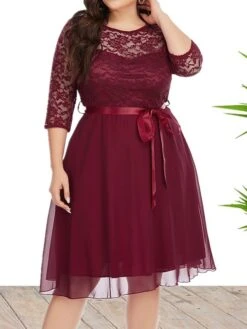 Women's Plus Size Curve Party Dress Lace Dress Sheath Dress Solid Color Midi Dress 3/4 Length Sleeve Lace Up Lace Crew Neck Fashion Wedding White Wine Spring Fall XL XXL 3XL 4XL 5XL -HAYz Clothing Shop vnmvnx1693533325316
