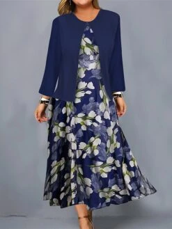 Women's Plus Size Curve Casual Dress Dress Set Two Piece Dress Floral Midi Dress Long Sleeve Print Crew Neck Mature Outdoor Black Navy Blue Fall Winter L XL XXL 3XL 4XL -HAYz Clothing Shop vnotkx1695364293947