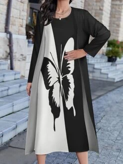 Women's Two Piece Dress Set Casual Dress Print Dress Daily Holiday Fashion Modern Print Long Dress Maxi Dress Crew Neck Long Sleeve Floral Butterfly Regular Fit Black Blue Sky Blue Summer Spring S M -HAYz Clothing Shop vnwpzs1694511571378