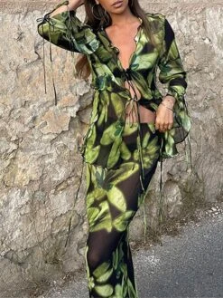 Women's Two Piece Dress Set Casual Dress Skirt Set Daily Going Out Casual Drawstring Cut Out Long Dress Maxi Dress V Neck Long Sleeve Print Slim Green Fall S M L -HAYz Clothing Shop vohroq1693374466233