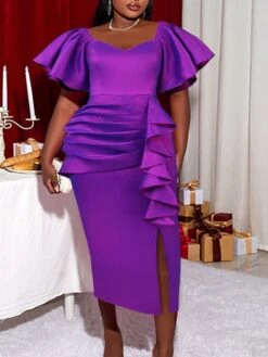 Women‘s Plus Size Curve Party Dress Solid Color Square Neck Short Sleeve Spring Fall Elegant Formal Midi Dress Party Evening Party Dress