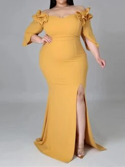Women's Plus Size Curve Party Dress Bodycon Sheath Dress Plain Long Dress Maxi Dress 3/4 Length Sleeve Ruffle Split Off Shoulder Fashion Party Black White Fall Winter XL XXL 3XL 4XL 5XL -HAYz Clothing Shop vortdg1694151470645
