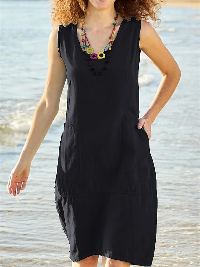 Women's Casual Dress Cotton Linen Dress Shift Dress Midi Dress Cotton Blend Basic Modern Outdoor Daily Vacation U Neck Pocket Sleeveless Summer Spring 2023 Loose Fit Light Blue Black White Plain S M 4 Women's Casual Dress Cotton Linen Dress Shift Dress Midi Dress Cotton Blend Basic Modern Outdoor Daily Vacation U Neck Pocket Sleeveless Summer Spring 2023 Loose Fit Light Blue Black White Plain S M - Image 4