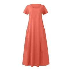 Women's Casual Dress Cotton Linen Dress Swing Dress Maxi Long Dress Linen Cotton Blend Fashion Classic Outdoor Daily Vacation Crew Neck Pocket Short Sleeve Summer Spring 2023 Loose Fit Black Pink Sky -HAYz Clothing Shop voxidf1681376495516