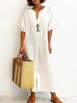 Women's Casual Dress Cotton Linen Dress Shift Dress Maxi Long Dress Cotton Blend Daily Classic Outdoor Daily Vacation Split Neck Split Basic Half Sleeve Summer Spring Fall 2023 Loose Fit White Plain