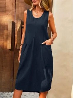 Women's Casual Dress Cotton Linen Dress Tank Dress Midi Dress Cotton Blend Basic Classic Outdoor Daily U Neck Pocket Sleeveless Summer Spring 2023 Loose Fit Navy Blue Blue Brown Plain S M L XL 2XL -HAYz Clothing Shop vphcuq1689916777493