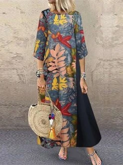 Women's Casual Dress Cotton Dress Black Dress Maxi Long Dress Cotton Blend Basic Modern Outdoor Daily Vacation Crew Neck Print Half Sleeve Summer Spring 2023 Loose Fit Black Yellow Red Flower M L XL -HAYz Clothing Shop vpiebw1683796338590
