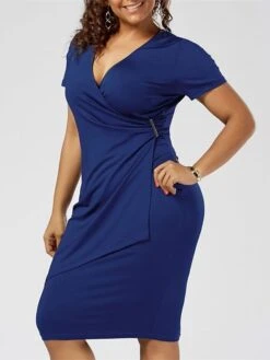 Women‘s Plus Size Curve Work Dress Solid Color V Neck Ruched Short Sleeve Summer Spring Work Knee Length Dress Work Vacation Dress -HAYz Clothing Shop vpkqlu1659091099474