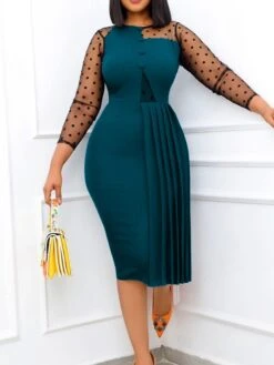 Women‘s Plus Size Curve Work Dress Solid Color Crew Neck Ruched Long Sleeve Winter Fall Elegant Knee Length Dress Formal Work Dress
