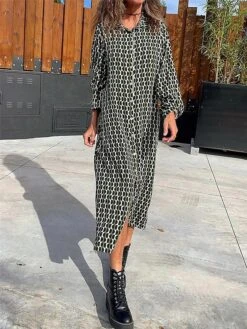 Women's Shirt Dress Casual Dress Shift Dress Midi Dress Outdoor Daily Vacation Polyester Fashion Modern Shirt Collar Button Print Long Sleeve Summer Spring Fall 2023 Regular Fit Black Geometric S M L