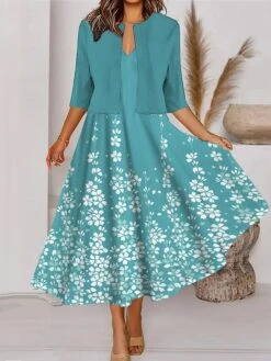 Women's Two Piece Dress Set Casual Dress Tank Dress Outdoor Daily Fashion Streetwear Pocket Print Midi Dress V Neck 3/4 Length Sleeve Floral Ombre Regular Fit Light Green Royal Blue Blue Spring Fall -HAYz Clothing Shop vpxlmi1690860843007