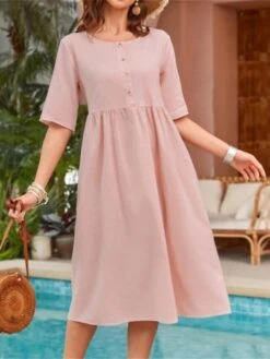 Women's Casual Dress Cotton Linen Dress Swing Dress Midi Dress Linen / Cotton Blend Fashion Modern Outdoor Daily Holiday Crew Neck Button Pocket Half Sleeve Summer Spring Fall 2023 Loose Fit Pink