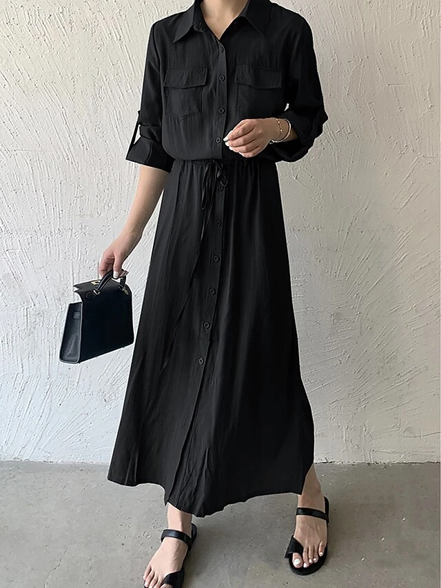 Women's Shirt Dress Casual Dress Maxi Long Dress Outdoor Daily Date Polyester Fashion Classic Shirt Collar Button Pocket Long Sleeve Fall Winter 2023 Loose Fit ArmyGreen Black Brown Pure Color S M L 6 Women's Shirt Dress Casual Dress Maxi Long Dress Outdoor Daily Date Polyester Fashion Classic Shirt Collar Button Pocket Long Sleeve Fall Winter 2023 Loose Fit ArmyGreen Black Brown Pure Color S M L - Image 6