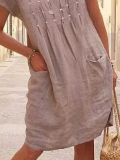 Women's Casual Dress Cotton Linen Dress Shift Dress Midi Dress Cotton Blend Basic Casual Daily Vacation Crew Neck Pocket Short Sleeve Summer Spring 2023 Regular Fit Apricot Pure Color S M L XL -HAYz Clothing Shop vqlokn1678262646154