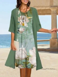 Women's Two Piece Dress Set Casual Dress Shift Dress Outdoor Daily Fashion Casual Print Midi Dress Crew Neck 3/4 Length Sleeve Floral Loose Fit Blue Green Summer Spring S M L XL XXL -HAYz Clothing Shop vqshsn1678864807616
