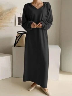 Women's Plus Size Curve Casual Dress Hoodie Dress Solid Color Long Dress Maxi Dress Long Sleeve Pocket Hooded Fashion Outdoor Black Khaki Fall Winter L XL XXL 3XL 4XL -HAYz Clothing Shop vqzuci1693970743870