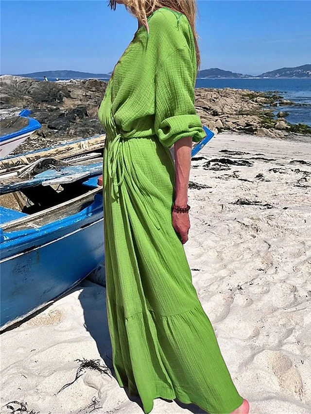 Women's Casual Dress Cotton Linen Dress Wrap Dress Maxi Long Dress Polyester Fashion Classic Outdoor Daily Holiday V Neck Ruffle Cut Out Long Sleeve Summer Spring Fall 2023 Loose Fit Brown Green Rose 2 Women's Casual Dress Cotton Linen Dress Wrap Dress Maxi Long Dress Polyester Fashion Classic Outdoor Daily Holiday V Neck Ruffle Cut Out Long Sleeve Summer Spring Fall 2023 Loose Fit Brown Green Rose - Image 2