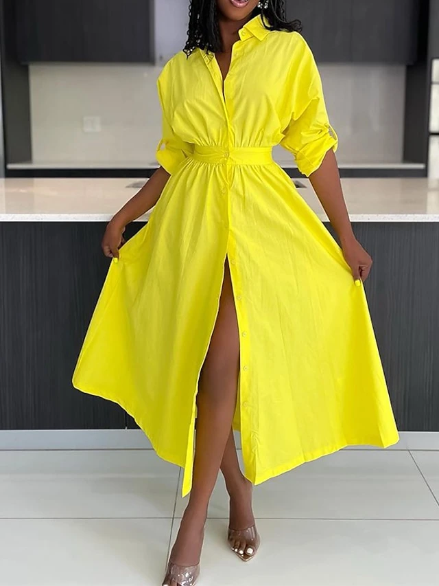Women's Shirt Dress Midi Dress Outdoor Office Daily Polyester Fashion Romantic Shirt Collar Button Long Sleeve Summer Spring Fall 2023 Slim Yellow Pink Plain S M L XL 8 Women's Shirt Dress Midi Dress Outdoor Office Daily Polyester Fashion Romantic Shirt Collar Button Long Sleeve Summer Spring Fall 2023 Slim Yellow Pink Plain S M L XL - Image 8