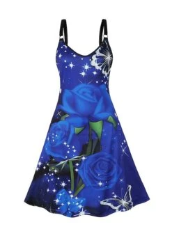 Women's Plus Size Retro 1950s Vintage Dress Midi Dress Daily Holiday Backless Print Floral Spaghetti Strap Sleeveless Regular Fit Spring Fall 2023 Blue XL XXL 3XL 4XL