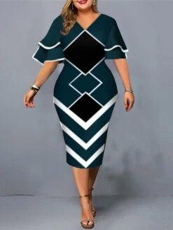 Women‘s Plus Size Curve Work Dress Geometric V Neck Short Sleeve Spring Fall Fashion Elegant Modern Midi Dress Formal Office Dress -HAYz Clothing Shop vruldk1671091291360