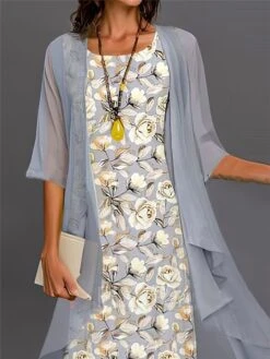 Women's Two Piece Dress Set Casual Dress Chiffon Dress Outdoor Daily Fashion Streetwear Print Midi Dress Crew Neck Half Sleeve Floral Regular Fit Gray Fall Winter S M L XL XXL -HAYz Clothing Shop vsakcv1695194202103