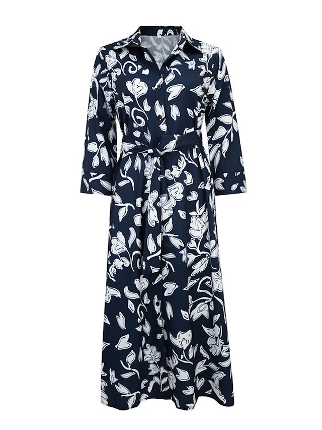 Women's Shirt Dress Casual Dress Midi Dress Outdoor Daily Vacation Polyester Fashion Modern Shirt Collar Button Pocket 3/4 Length Sleeve Summer Spring Fall 2023 Regular Fit Navy Blue Green Leaf Floral 9 Women's Shirt Dress Casual Dress Midi Dress Outdoor Daily Vacation Polyester Fashion Modern Shirt Collar Button Pocket 3/4 Length Sleeve Summer Spring Fall 2023 Regular Fit Navy Blue Green Leaf Floral - Image 9