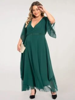 Women‘s Plus Size Curve Casual Dress Swing Dress Plain Long Dress Maxi Dress 3/4 Length Sleeve Layered V Neck Basic Outdoor Dark Green Summer Spring L XL XXL 3XL 4XL