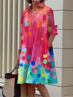 Women's Shirt Dress Casual Dress Midi Dress Outdoor Office Daily Polyester Fashion Modern Shirt Collar Button Pocket Long Sleeve Fall Winter 2023 Loose Fit Yellow Dark Pink Blue Floral Abstract S M L -HAYz Clothing Shop vslysq1693808906899