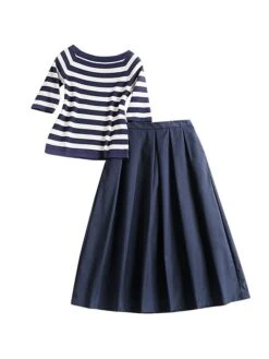 Women's Two Piece Dress Set Casual Dress Skirt Set Daily Going Out Fashion Streetwear Ribbed Print Midi Dress Crew Neck Short Sleeve Stripe Slim Blue Fall S M L XL XXL -HAYz Clothing Shop vsoqal1693278120044