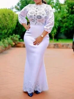 Women‘s Plus Size Curve Party Dress White Crew Neck Floral Print 3/4 Length Sleeve Fall Winter Casual Sexy Prom Dress Maxi Long Dress Daily Holiday Dress