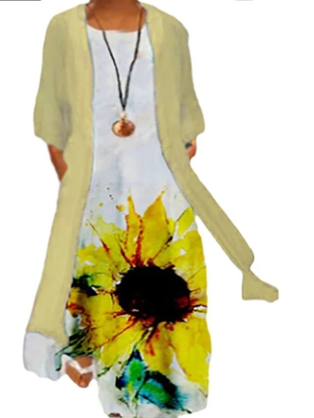 Women‘s Plus Size Curve Two Piece Dress Floral Crew Neck Print Long Sleeve Winter Fall Casual Maxi Long Dress Casual Daily Dress 2 Women‘s Plus Size Curve Two Piece Dress Floral Crew Neck Print Long Sleeve Winter Fall Casual Maxi Long Dress Casual Daily Dress - Image 2