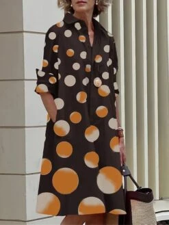 Women's Shirt Dress Casual Dress Midi Dress Outdoor Vacation Polyester Classic Casual Shirt Collar Pocket Long Sleeve Summer Spring Fall 2023 Loose Fit Yellow Dark Pink Red Polka Dot Color Block S M