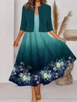 Women's Two Piece Dress Set Casual Dress Tank Dress Outdoor Daily Fashion Streetwear Pocket Print Midi Dress V Neck 3/4 Length Sleeve Floral Ombre Regular Fit Blue Brown Green Spring Fall S M L XL XXL -HAYz Clothing Shop vtlfjc1690860562528