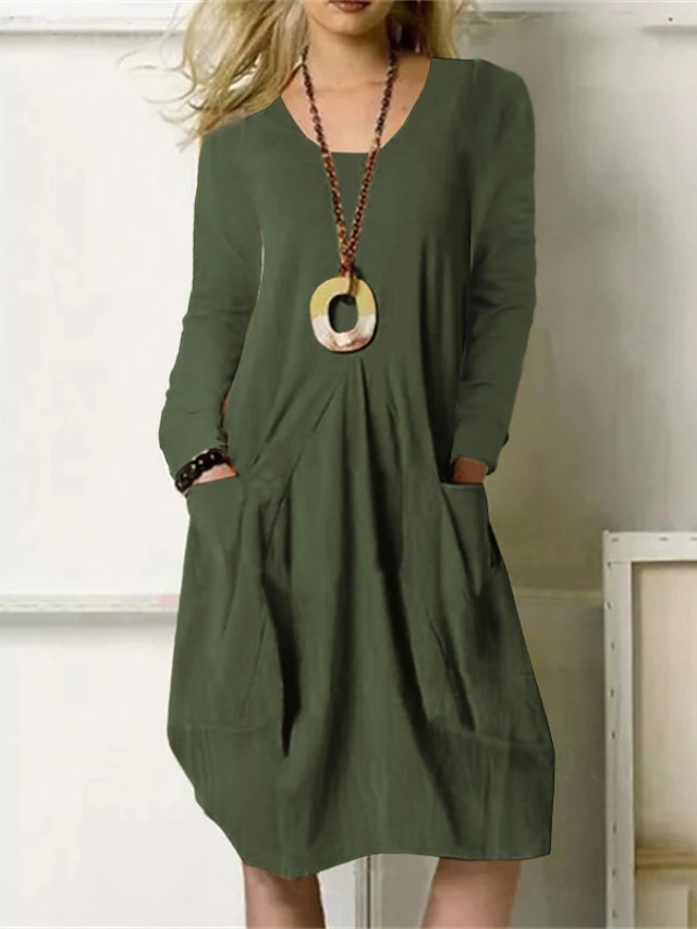 Women's Casual Dress Cotton Linen Dress Midi Dress Cotton Blend Stylish Basic Outdoor Winter Dress Daily Round Neck Ruched Pocket Long Sleeve Summer Spring Fall 2023 Regular Fit Black Orange Green 4 Women's Casual Dress Cotton Linen Dress Midi Dress Cotton Blend Stylish Basic Outdoor Winter Dress Daily Round Neck Ruched Pocket Long Sleeve Summer Spring Fall 2023 Regular Fit Black Orange Green - Image 4