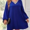 Women's Plus Size Curve Party Dress Cocktail Dress Wedding Guest Dress Midi Dress Blue Long Sleeve Color Block Patchwork Spring Fall Winter V Neck Fashion Birthday Wedding Guest Vacation XL XXL 3XL