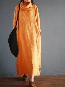 Women's Casual Dress Cotton Linen Dress Cotton Dress Maxi Long Dress Cotton Daily Stylish Outdoor Daily Vacation Turtleneck Split Long Sleeve Spring Fall Winter 2023 Loose Fit White Yellow Wine Plain -HAYz Clothing Shop vtxqsi1695014690510