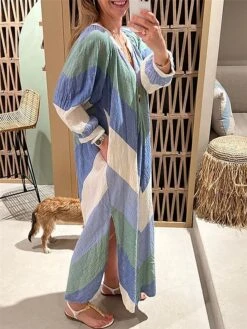 Women's Casual Dress A Line Dress Summer Dress Long Dress Maxi Dress Polyester Fashion Streetwear Outdoor Daily Date V Neck Pocket Split Long Sleeve Summer Spring Fall 2023 Regular Fit Blue Geometric -HAYz Clothing Shop vubkdh1682665940594