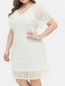 Women's Plus Size Party Dress Lace Dress Cocktail Dress Midi Dress White Short Sleeve Pure Color Lace Spring Fall Winter V Neck Fashion Birthday Wedding Guest Vacation 2023 XL XXL 3XL 4XL -HAYz Clothing Shop vuehch1693535467885