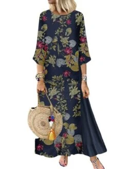 Women's Plus Size Holiday Dress Floral Crew Neck Print 3/4 Length Sleeve Fall Spring Casual Maxi Long Dress Causal Daily Dress / Linen -HAYz Clothing Shop vufrgk1631504231470