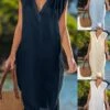 Women's Casual Dress Cotton Linen Dress Shift Dress Midi Dress Cotton Blend Basic Classic Outdoor Daily V Neck Basic Sleeveless Summer Spring 2023 Loose Fit White Navy Blue Blue Plain S M L XL 2XL