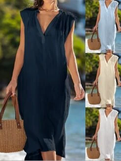 Women's Casual Dress Cotton Linen Dress Shift Dress Midi Dress Cotton Blend Basic Classic Outdoor Daily V Neck Basic Sleeveless Summer Spring 2023 Loose Fit White Navy Blue Blue Plain S M L XL 2XL